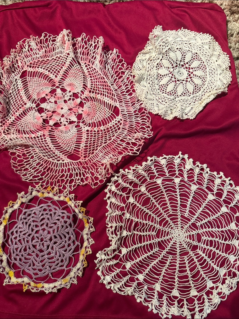 Handmade Crochet Doily Set in White and Light Pink - Unbranded